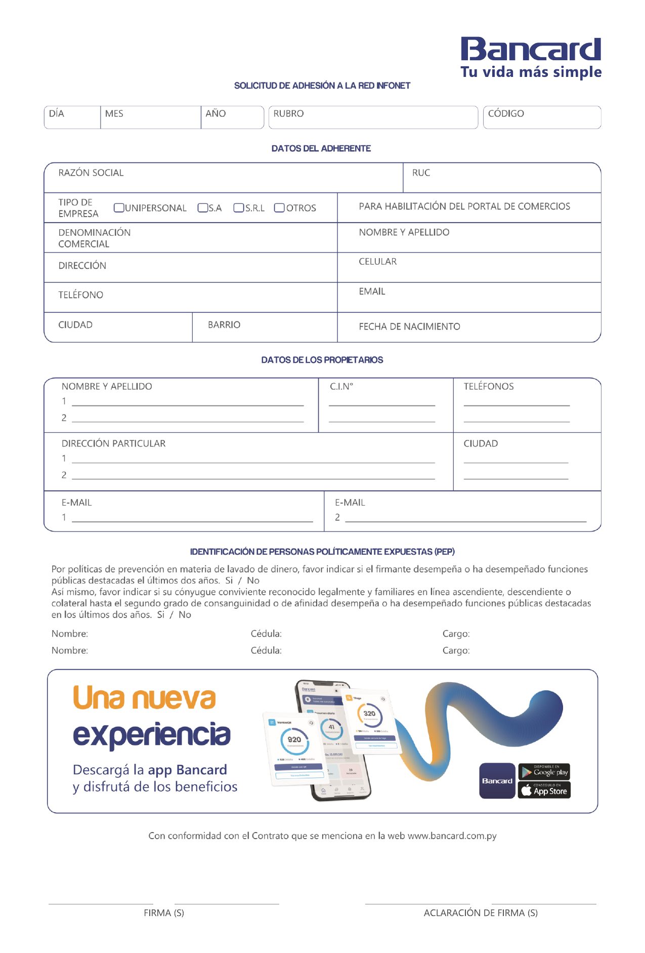 Formulario de adhesión Bancard — página 1