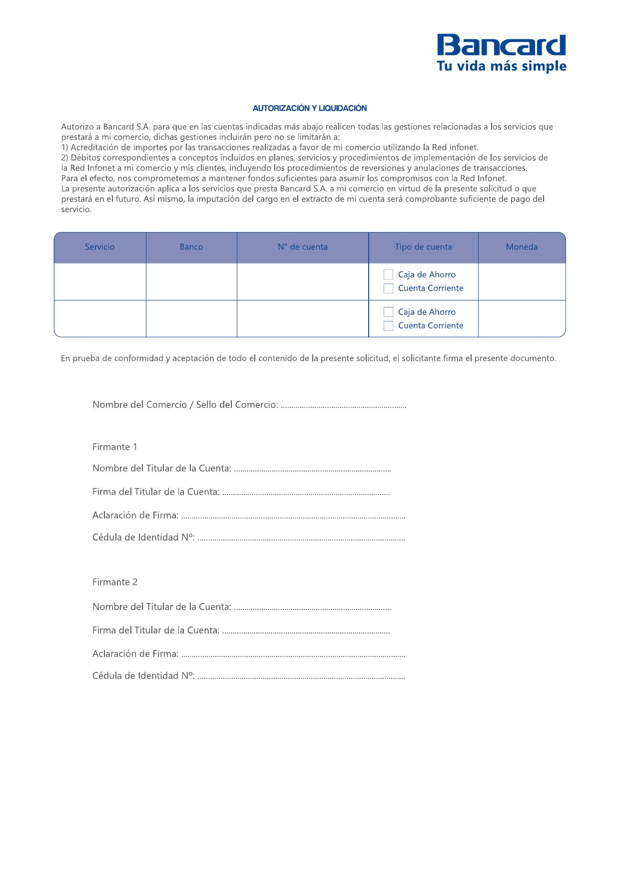 Formulario de adhesión Bancard — página 3